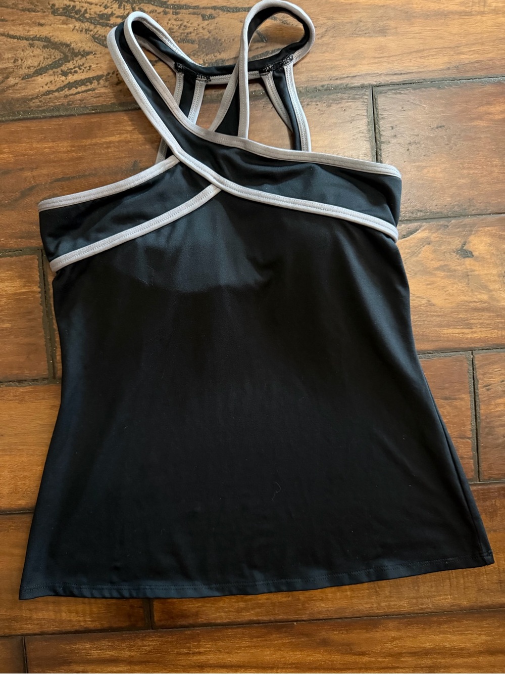 Fabletics Black Tank with Light Gray Trim and Cross-Back